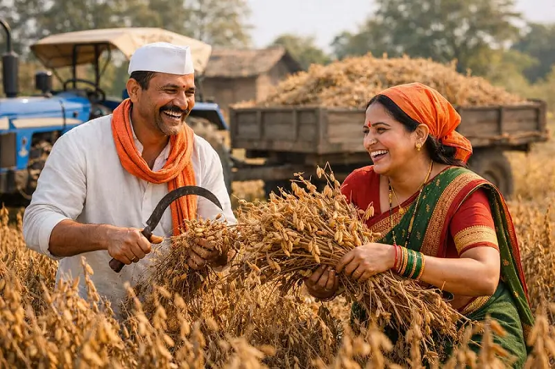 सोयाबीन शेती उत्पादन वाढवण्यासाठी १० प्रभावी उपाय (२०२५ मार्गदर्शक) 3 सोयाबीन काढणी करताना शेतकरी