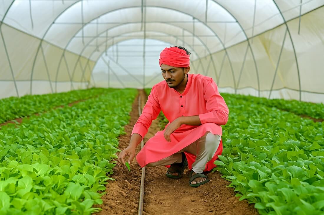 पॉलीहाउस फार्मिंग Guide 2025: High-Tech खेती से 3 गुना उत्पादन कैसे पाएं. 3 “किसान पॉलीहाउस के अंदर फसलों का निरीक्षण करते हुए – नियंत्रित वातावरण में उच्च गुणवत्ता वाली खेती”