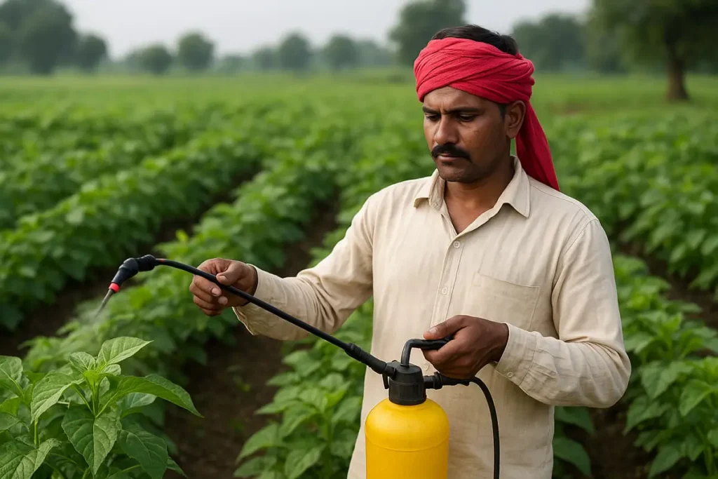 कीड व्यवस्थापन: शेतीतील कीड नियंत्रणाचे आधुनिक व सेंद्रिय उपाय 2025 34 शेतकरी शेतामध्ये कीड व्यवस्थापना साठी सेंद्रिय पद्धतीने कीड फवारणी करताना