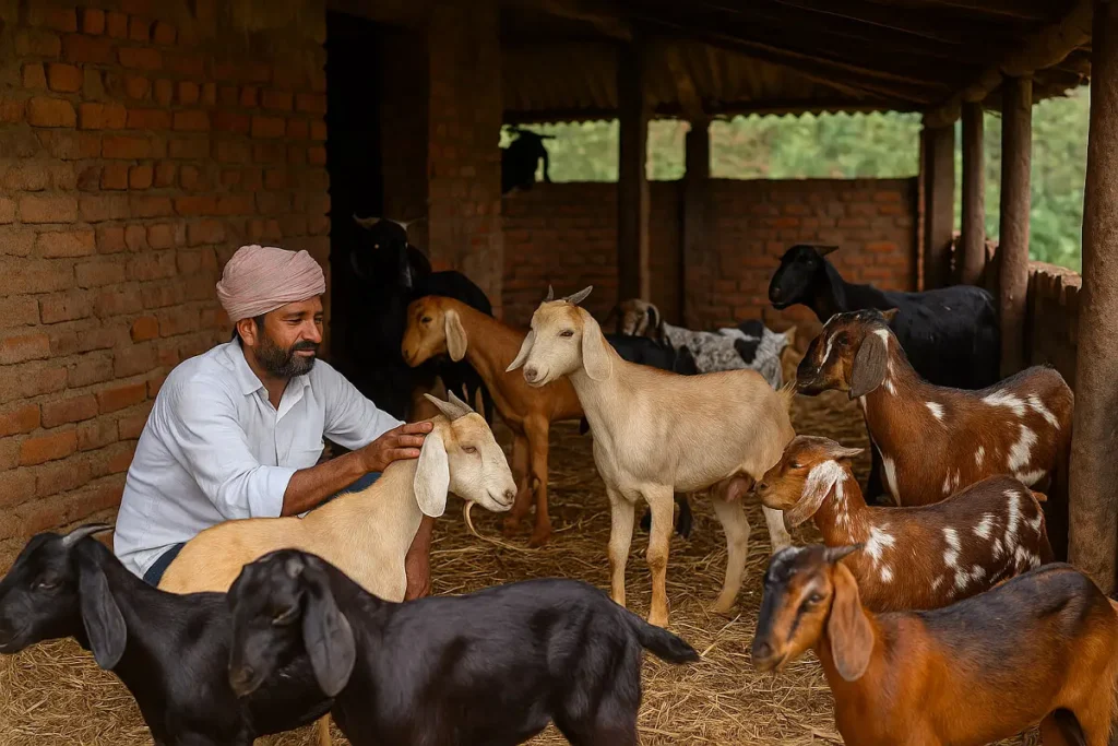 बकरी पालन व्यवसाय कम लागत में ज्यादा मुनाफा संपूर्ण योजना और मार्गदर्शन 2025 14 भारतीय किसान बकरी पालन व्यवसाय करते हुए – 2025 में आधुनिक Goat Farming Business का दृश्य