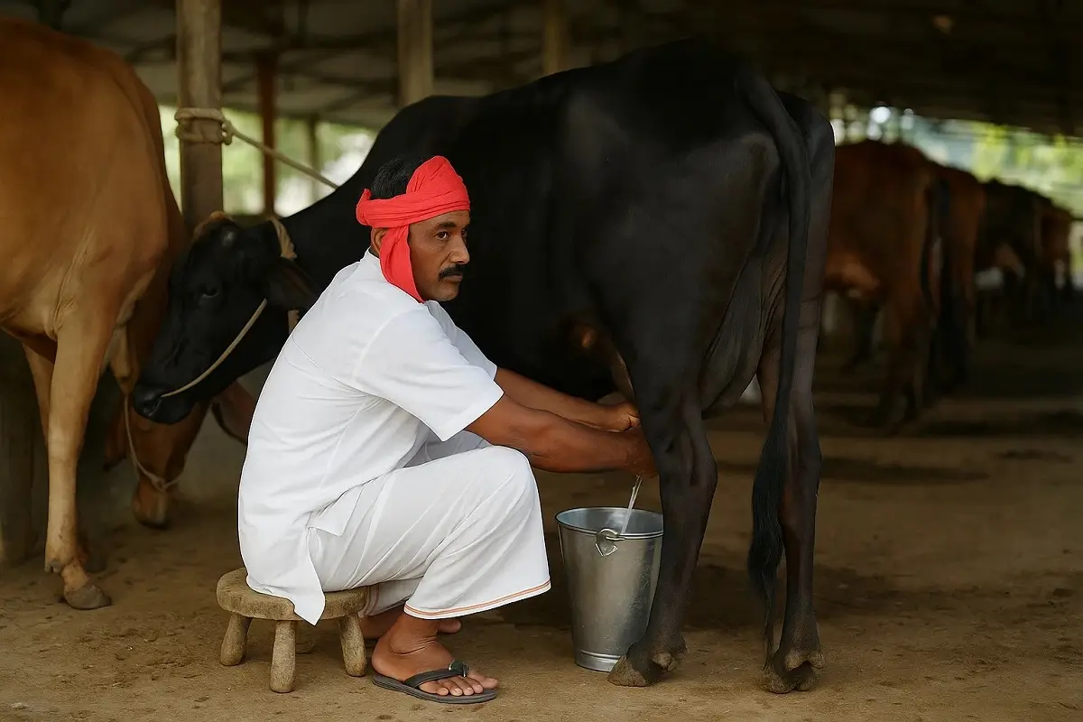 डेयरी फार्मिंग बिज़नेस 2025: कम निवेश में High-Profit वाला Complete मार्गदर्शन 2 गाय शेड में किसान दुध निकलते हुए – 2025 की आधुनिक डेयरी फार्मिंग व्यवसाय और पशुपालन व्यवस्था