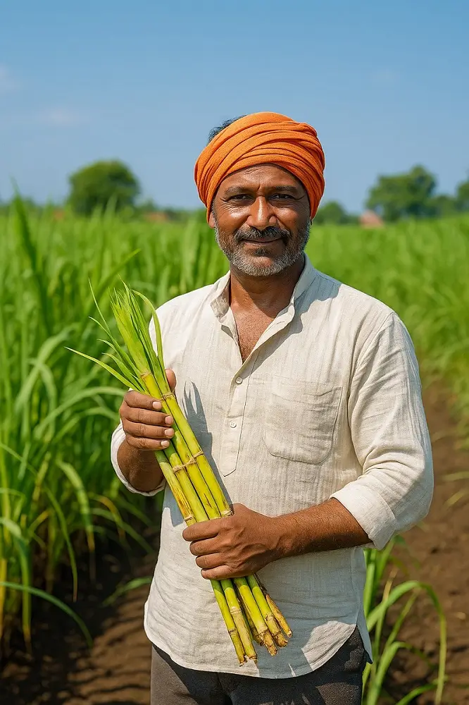 गन्ना उत्पादन बढ़ाएँ कम लागत में रिकॉर्ड तोड़ उपज के 8 आधुनिक तरीके 2025 2 किसान गन्ना उत्पादन खेत में फसल की वृद्धि का निरीक्षण करते हुए