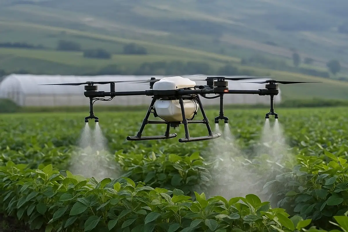 सोयाबीन उत्पादन बढ़ाएँ कम लागत में रिकॉर्ड तोड़ पैदावार के लिए 7 सही उपाय 2025 2 ड्रोन से सोयाबीन फसल पर आधुनिक स्प्रे – High-Tech farming 2025