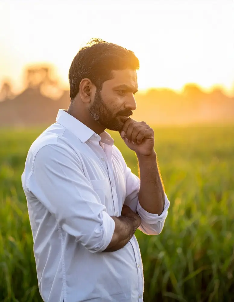 कर्जामुळे चिंतेत असलेला शेतकरी शेतात उभा