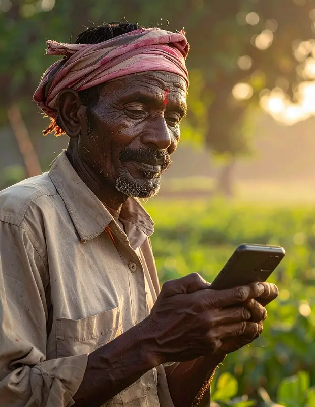 शेतकरी मोबाईलवर कर्जमाफी योजना माहिती तपासत आहे