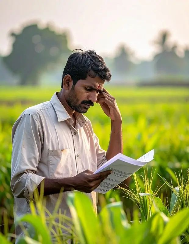 शेतकरी कर्जमाफी योजना २०२६ साठी कर्ज कागदपत्रे पाहणारा शेतकरी