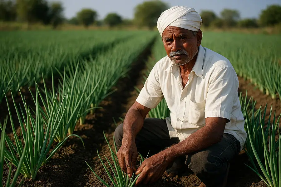 प्याज की खेती का हरा खेत और किसान