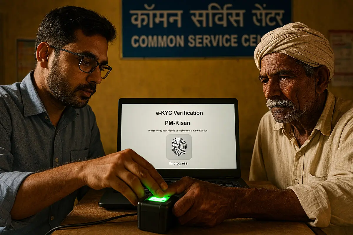 PM किसान eKYC करत असलेला शेतकरी CSC सेंटरमध्ये