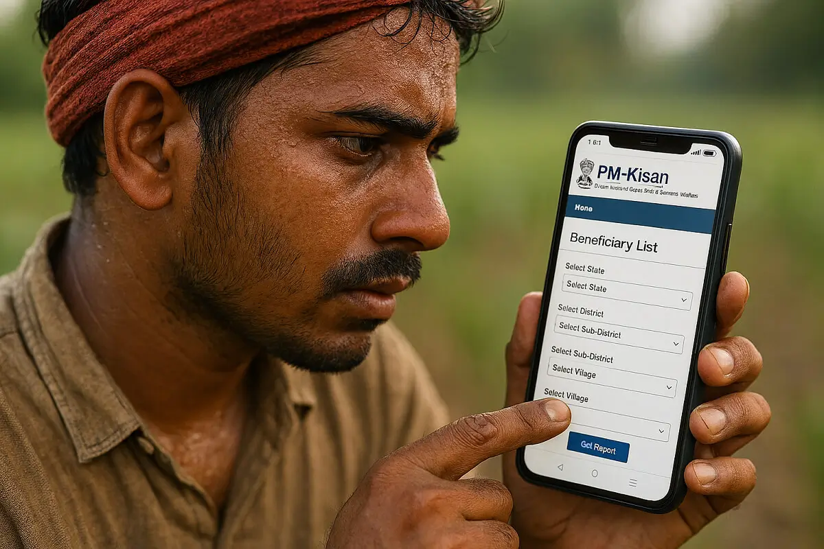 PM किसान यादी मोबाईलवर तपासत असलेला शेतकरी