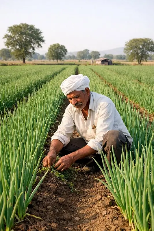 कांदा शेतीतील हिरवे कांदा पिकाचे शेत