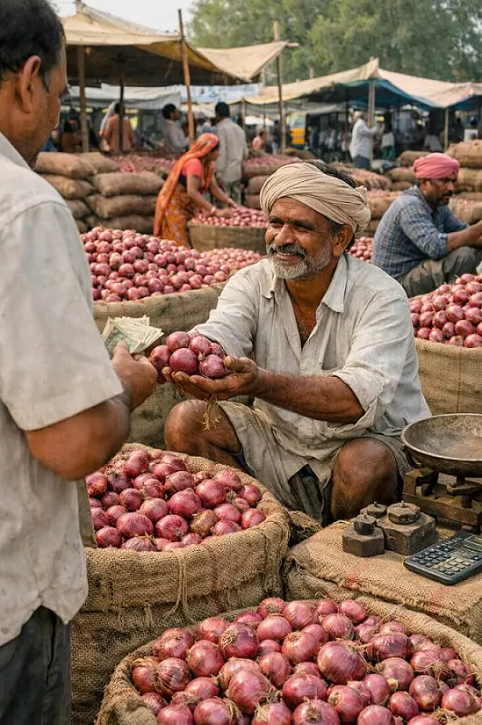 मंडी में प्याज बेचते हुए किसान