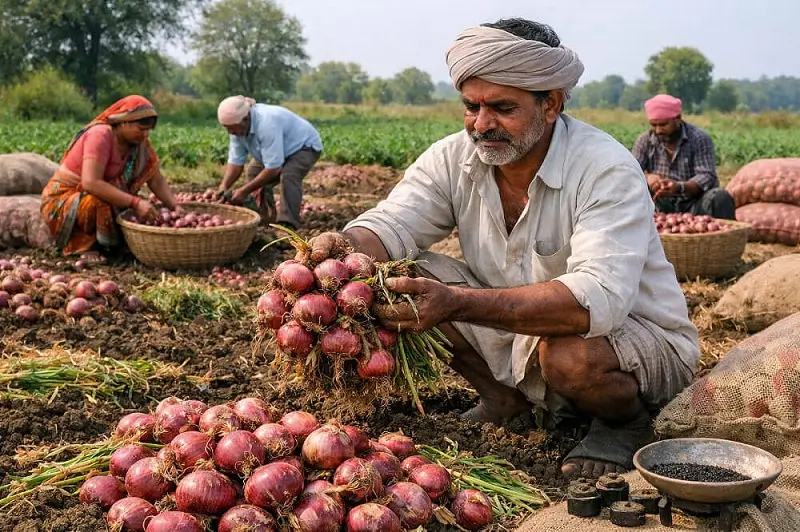 कांदा काढणी करताना शेतकरी