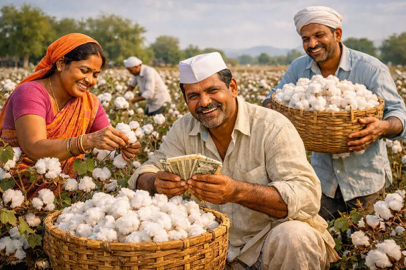 कपास की खेती गाइड 2026 लागत, उत्पादन और मुनाफा पूरी जानकारी 3 कपास की कटाई करते हुए मजदूर