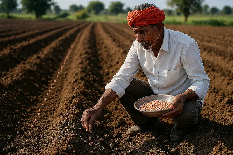 भुईमूग बियाण्यांची पेरणी करताना शेतकरी
