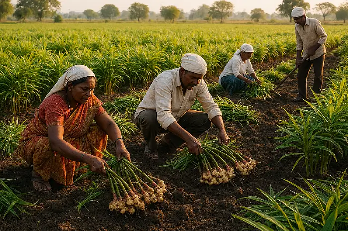 आले काढणी करताना मजूर