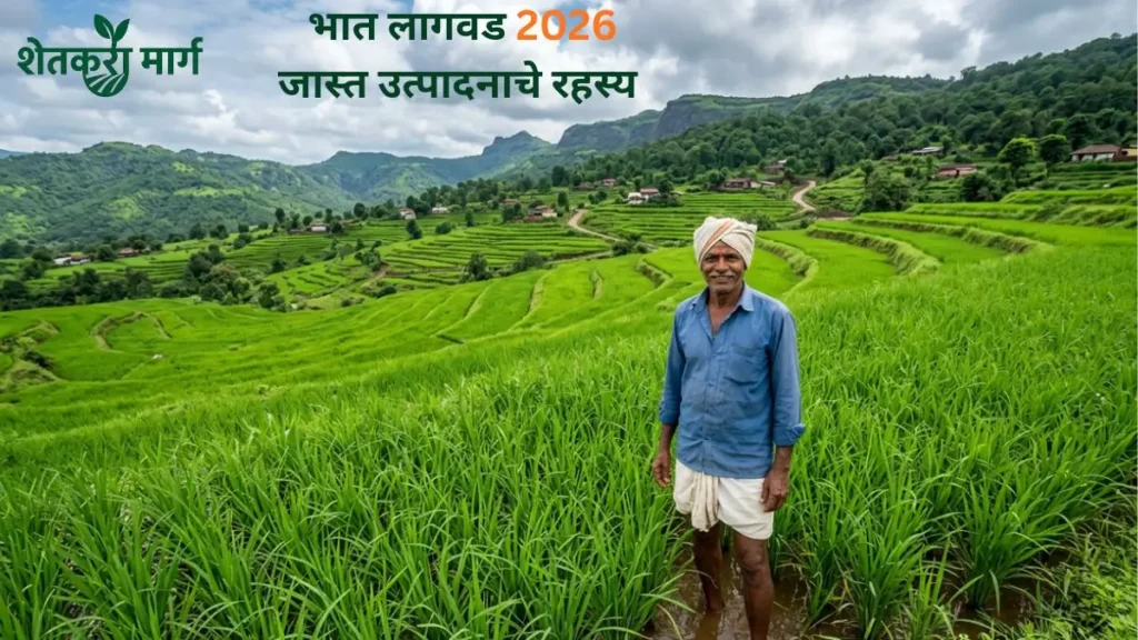 भात लागवड 2026 मध्ये हिरव्यागार शेतात उभा शेतकरी