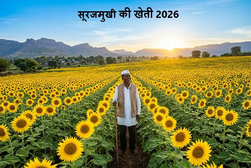 सूरजमुखी की खेती 2026 में खेत में खिला हुआ सूरजमुखी और किसान