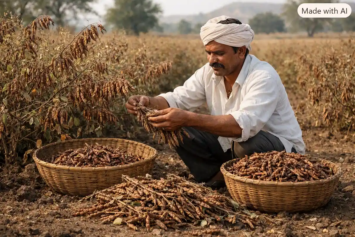 परिपक्व तूर शेंगांची काढणी करत असलेला शेतकरी